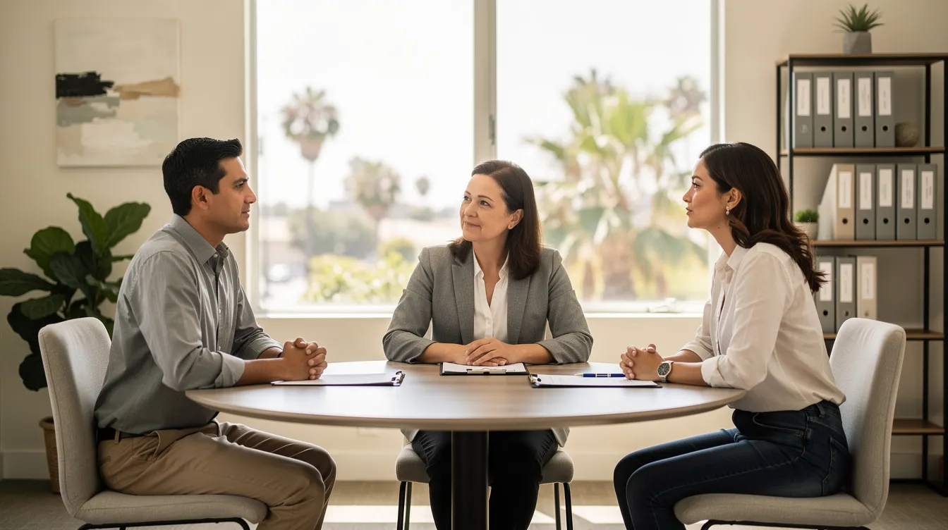 A neutral divorce mediator working with two calm spouses in an Orange County office