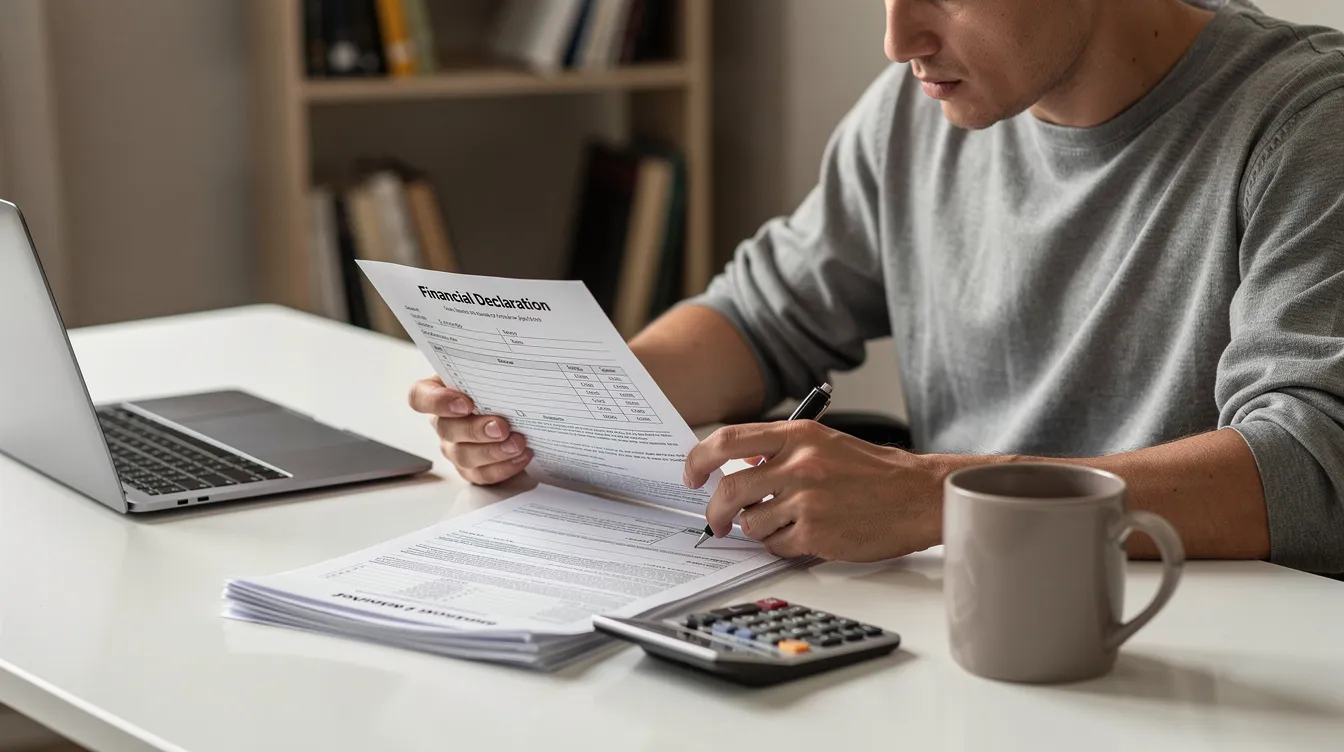 A person reviewing a financial declaration and attorney fee paperwork