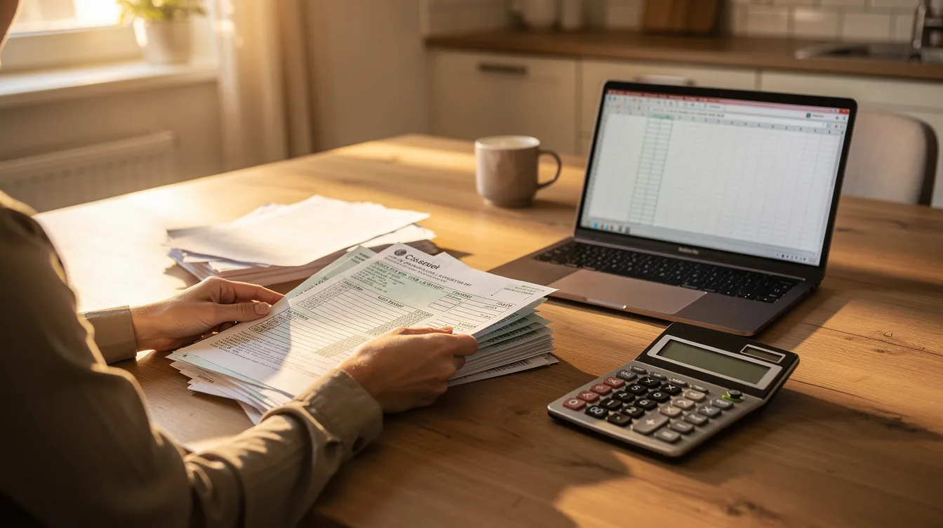 A parent reviewing household finances and child support paperwork with a calculator at a kitchen table