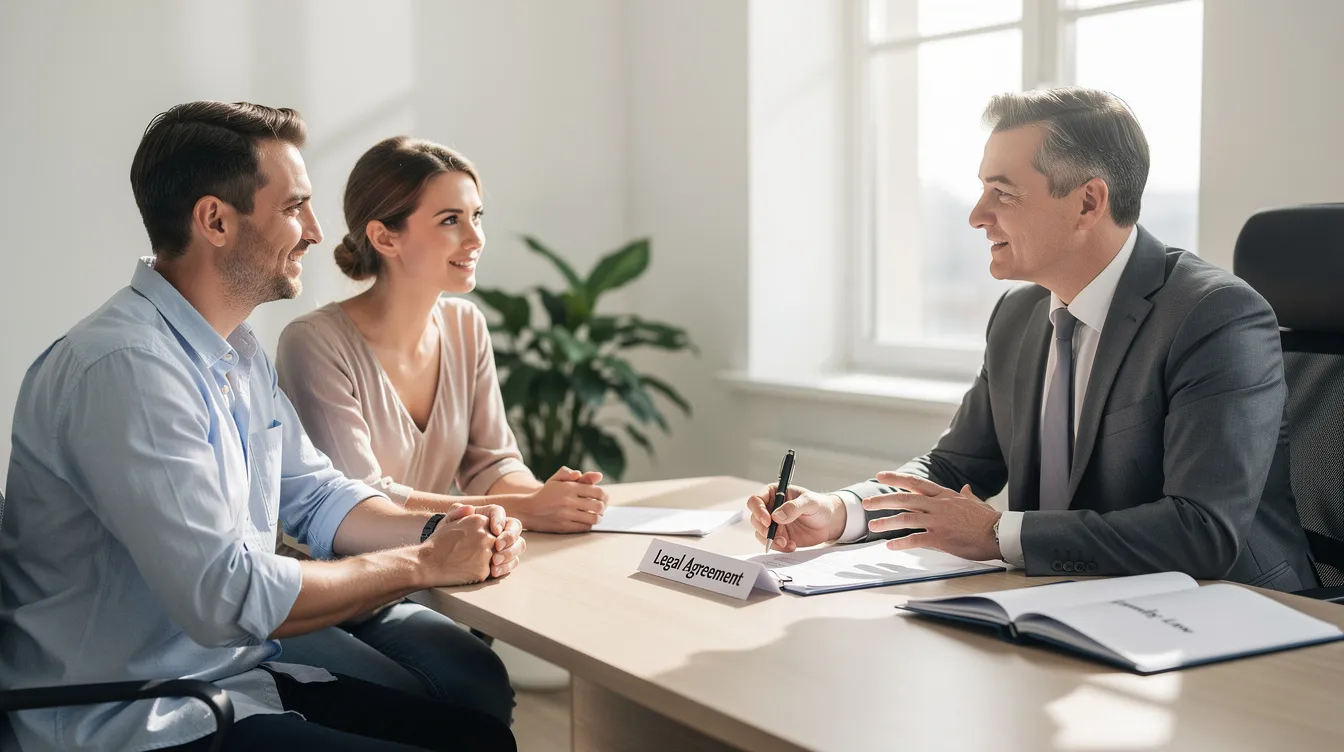 A couple reviewing a prenuptial agreement with a family law attorney
