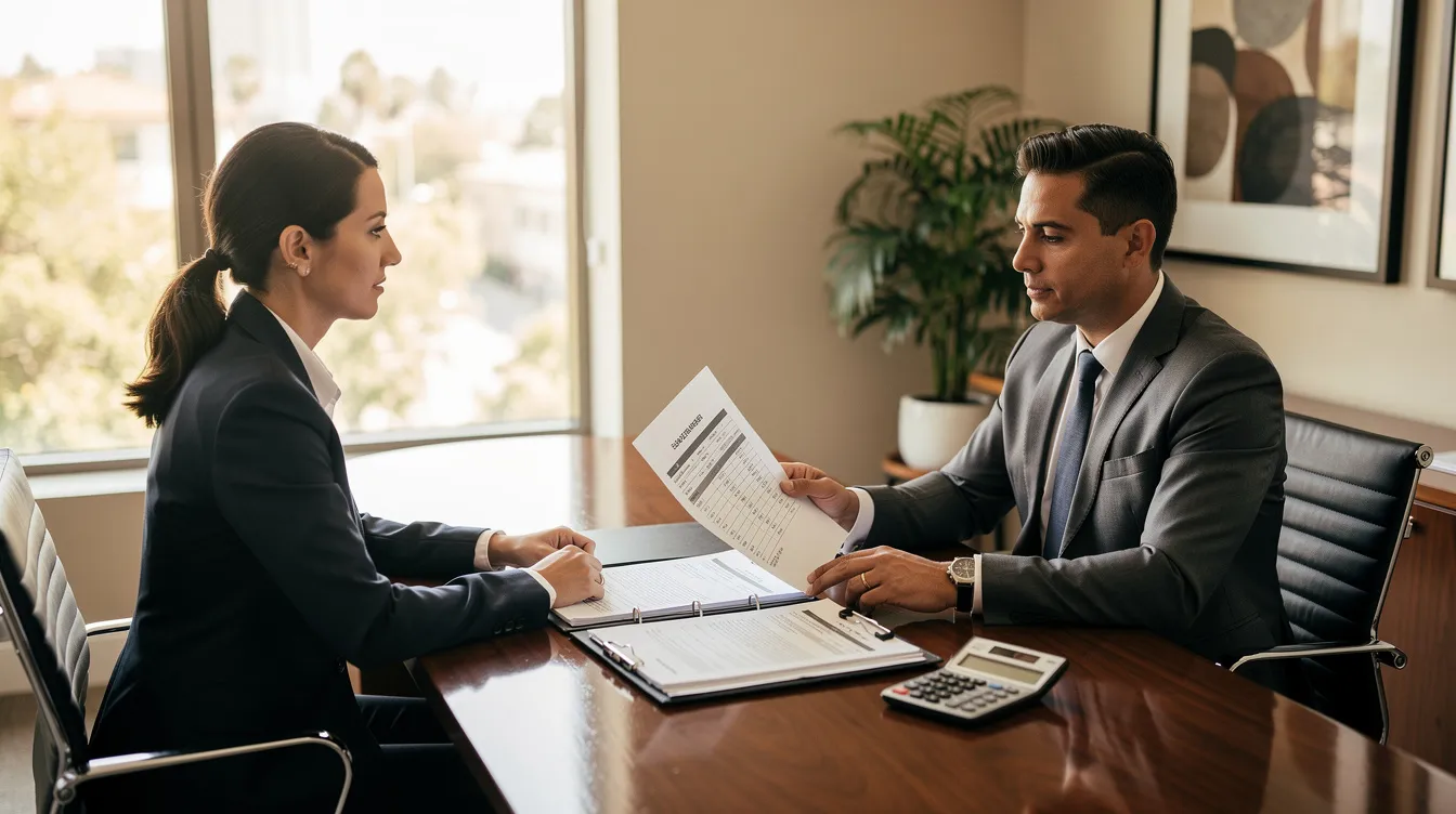 A divorce attorney reviewing a fee agreement with a client in an Orange County office