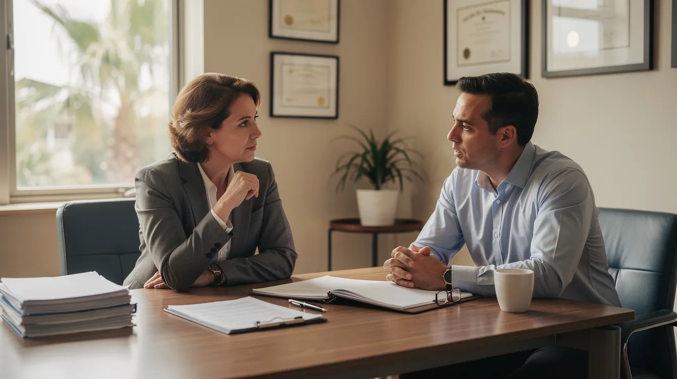 Family law attorney consulting with a parent in an Orange County office