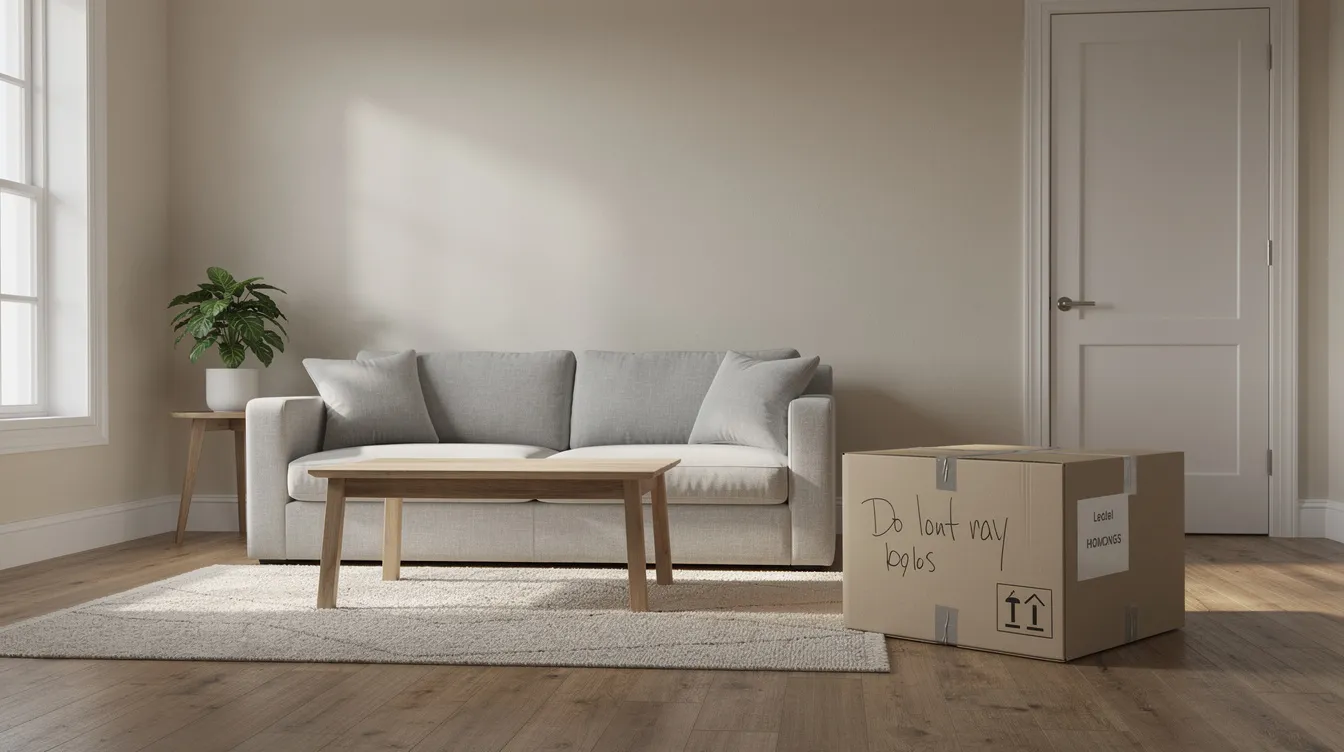 Light gray living room with a sofa and cushions, a wooden coffee table, a side table with a potted plant, and a cardboard moving box near a closed door in sunlight from a window on the left.